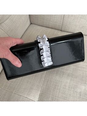 CLUTCH BAG Shiny Black Evening Bag Ruffles (Black or Grey) Hard Sided Occasion
